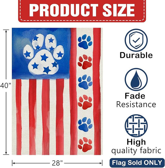 Dyrenson 4th of July Dog Cat Paw Prints 28 x 40 House Flag Double Sided, Patriotic America Watercolor Garden Yard Decoration Pet Lover Gift, American USA Burlap Outdoor Decor Decorative Large Flag
