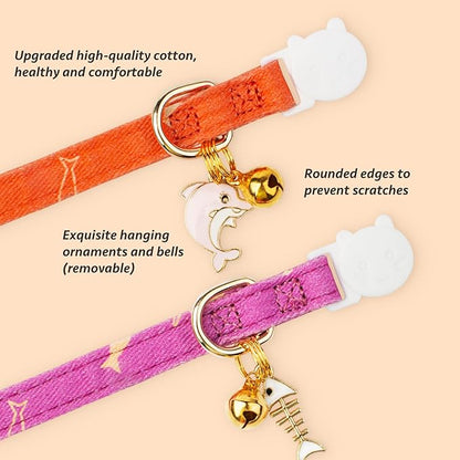 2 Pack Cotton Breakaway Cat Collar Orange and Purple Fish Pendant Cute Kitten Cat Collar with Bell