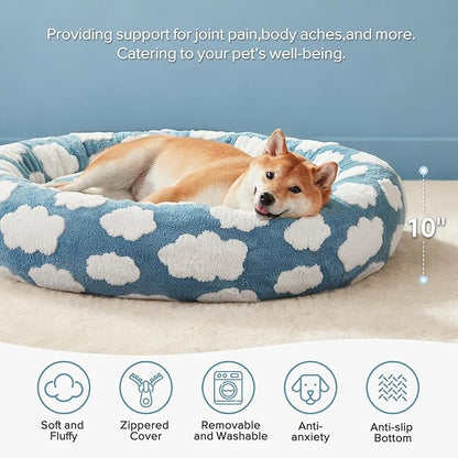 JOEJOY Donut Large Dog Bed, Cute Round Calming Dog Bed with Removable Washable Cover, Orthopedic Pet Beds with Jacquard Shaggy Plush & Non Skid Bottom, Black