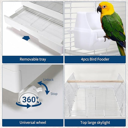Garvee Small Bird Cage with Playground Stand, 44in White Travel Bird Cage for Parrot, 2-Level Acrylic Parrot Carrier for Medium Small Bird
