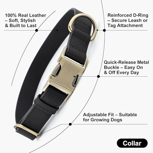 Plutus Pet Genuine Leather Dog Collar – Adjustable Pet Collar with Quick Release Metal Buckle, Soft Real Leather for Small Medium Large Dogs, Heavy Duty & Skin-Friendly (Black, XS)