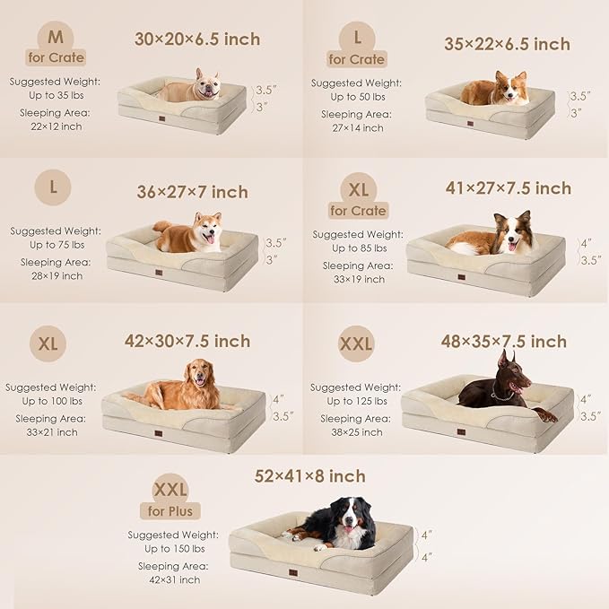 EHEYCIGA Orthopedic Dog Bed for Large Sized Dog, 41x27x7.5 Inch Large Memory Foam Dog Couch Bed with Sides, Waterproof Liner & Washable Removable Cover, Bolster Pet Sofa, Beige