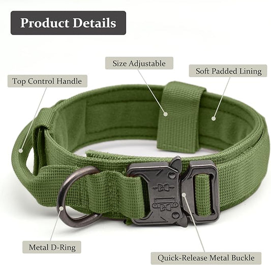 Tactical Dog Collar, Adjustable Military Training Nylon Dog Collar with Control Handle and Heavy Quick-Release Metal Buckle for Small Medium Large Dogs, Green M