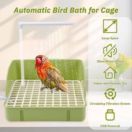 Automatic Bird Bath with Pump, Parrot Bathtub with Anti-Bite Cord Protector, USB Electric Large Bird Bathtub Circulating Water Bird Shower for Parakeet Cockatiel African Grey Lovebird(Green)