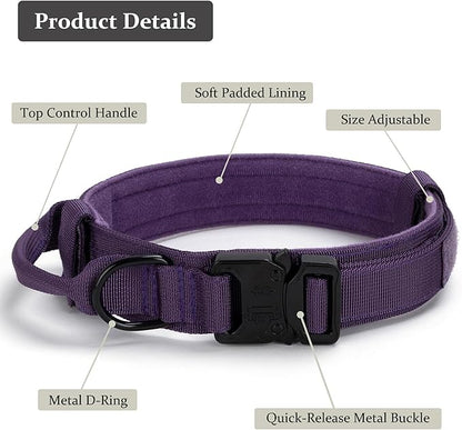 Tactical Dog Collar, Adjustable Military Training Nylon Dog Collar with Control Handle and Heavy Quick-Release Metal Buckle for Small Medium Large Dogs, Purple M