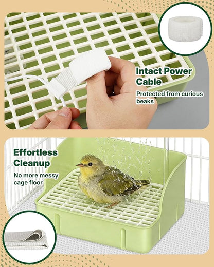 Pawfly Automatic Bird Bath for Cage, Bird Bath with Pump, Filter Sponges & Splash Guard Liner, Large Bird Shower with Running Water, Indoor Parrot Bath for Pet Birds, Bird Cage Accessories