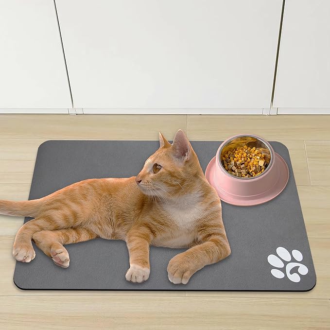YCT Pet Food Mat for Dogs and Cats - Non-Slip Super Absorbent Feeding Bowl Mat With Footprints Logo - 24 x 16.9 Inches, Brown