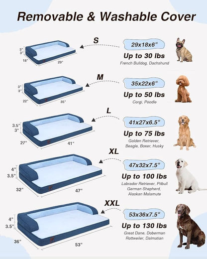 KSIIA Washable Dog Bed XXL Senior Dog, Orthopedic Warm Soft Pet Sofa Waterproof Pet Couch with Sides, Non-Slip and Egg-Crate Foam Jumbo Beds with Removable Cover, 47x32Inch, Blue