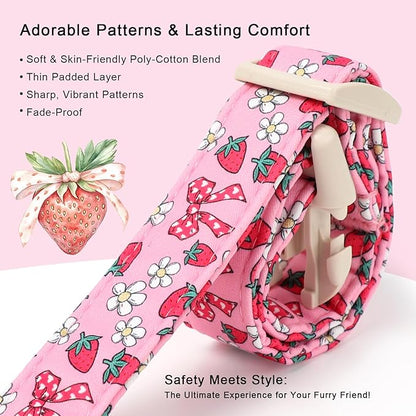 Strawberry Bow Dog Collar for Medium Dogs - Cute Pink Spring/Summer Girl Dog Collars, Lightweight Adjustable Female Girly Dogs Collars with Quick Release Buckle M