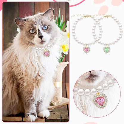 2PCS Kitten Collars Pearl Cat Dog Collar with Small Heart Shape Rhinestone, Cat Collars for Girl Cats, Adjustable Dog Pearl Necklace Collar for Small Dogs and Cats, Pink + Green