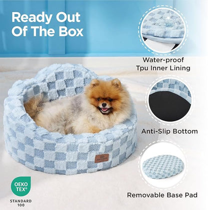 Joydeco Cloud Dog Bed for Small Dogs & Cats, Washable Pet Bed with Orthopedic Foam and Removable Checkered Plush Pad, Non-Slip Bottom for Indoor Puppies and Kittens, 22x20 Inch, Light Blue