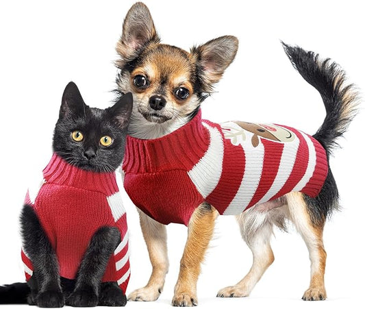 Dog Christmas Sweater Cute Striped Reindeer Xmas Pet Clothes Holiday Puppy Cat Costume New Year Gifts for Small Medium Large Dogs Jumpers (XXS, Red White Stripe Reindeer)