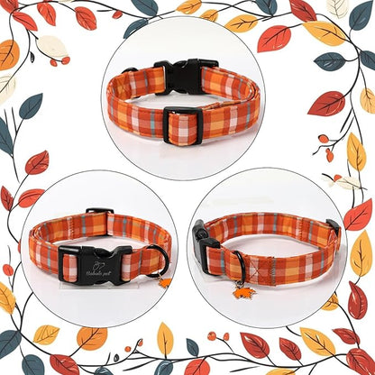 Fall Dog Collar Cute Orange Plaid Puppy Collar - Light Comfortable Adjustable Pet Collars for Small Medium Large Girl Boy Dogs S