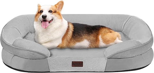 Dwanton Orthopedic Dog Bed for Medium Dogs with Gel Memory Foam, Waterproof Dog Sofa, Washable Pet Bed with Four Sided Bolster Cushion, Removable Cover & Non-Slip Bottom, 35", Light Gray