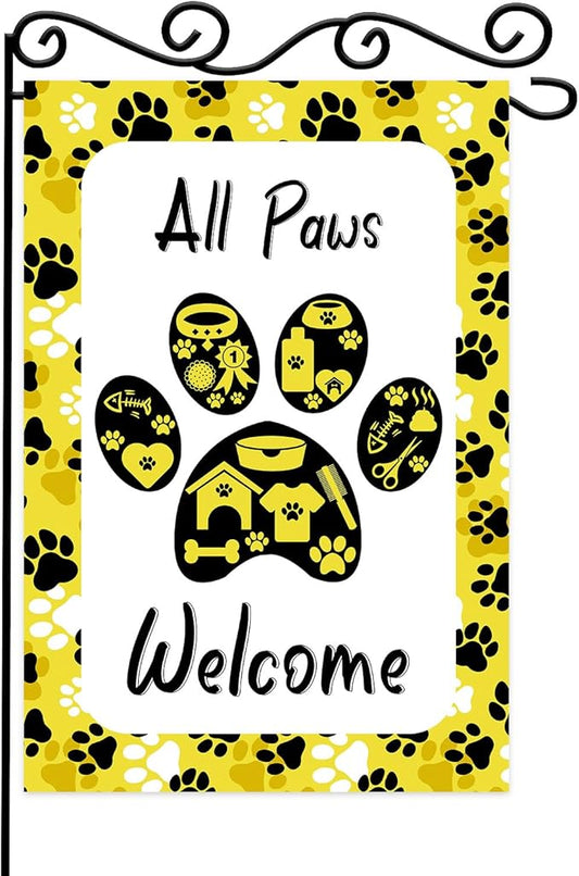 ALL Paws Welcome Garden Flag,Welcome to Cute Dog House Vertical Double Sided Outdoor Decor,Welcome Dog Summer Garden Flag.12 x 18 Inch