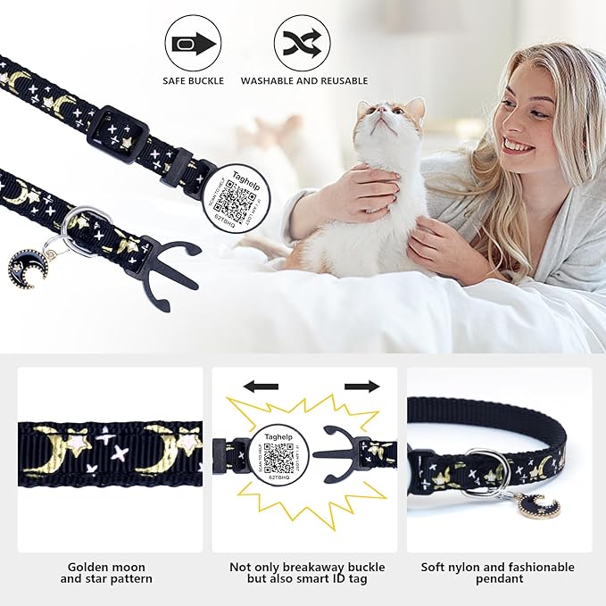 Smart Lost & Found System: Breakaway Cat Collar with Free Lifetime QR Code ID, Adjustable Reflective Kitten Collar (Stars & Moon) - No Monthly Fees, Pink Pet Safety (Pink)