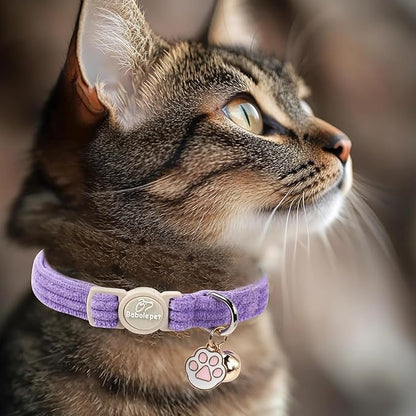 2 Pack Corduroy Cat Collars - Cute Breakaway Cat Collar with Bell and Paw Pendant, Soft Adjustable Fall Winter Kitten Collars for Girl Boy Cats, Lavender&Fuchsia