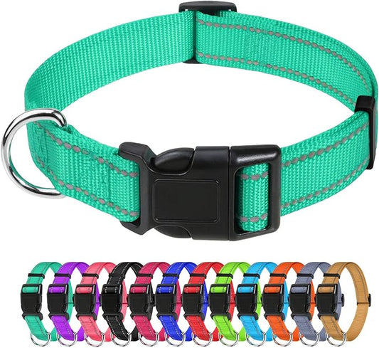 TagME Reflective Nylon Dog Collars, Adjustable Classic Pet Collar with Quick Release Buckle for Large Dogs, Turquoise, 1.0" Width