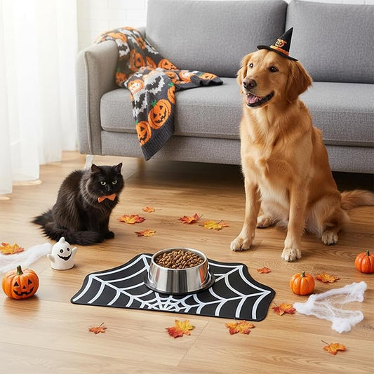 Pet Mat for Food and Water, Absorbent Non-Slip Quick Dry Dog Food Mat for Dog Cat Bowl Indoor Outdoor Pet Dining Gift Halloween Decorations (15.74 * 23.62In, Spider)