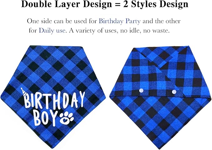 AnF Birthday Plaid Dog Bandana and Triangle Dog Scarf - Soft Cotton, Dual Layer, Washable Bandanas with Adjustable Button for Girls & Boys - Small to X-Large Dogs