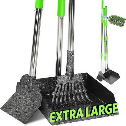 T2Y 48.8" Extra Long Handle Dog Pooper Scooper 3-Piece Set, Heavy Duty Metal Poop Rake, Tray and Spade for Large Dogs, Stainless Steel Pet Waste Remover & Garden Scoop for Yard/Grass/Dirt/Gravel