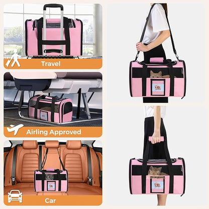 Soft Cat Carrier for Pets Up to 15 lbs, TSA Approved for Airline in-Cabin, Cat Travel Bag with Detachable Cat Food Bowl, Pet Carriers for Small Dogs, Waterproof Travel Puppy Carry, Pink
