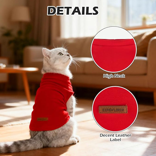 EXPAWLORER Soft Cat Sweater - Sweaters for Cats Only Warm Kitten Clothes, Fall and Winter Pet Coat Pullover Design, Fleece Sweatshirt Clothing Also for Puppy Small Dogs, Bright Red S