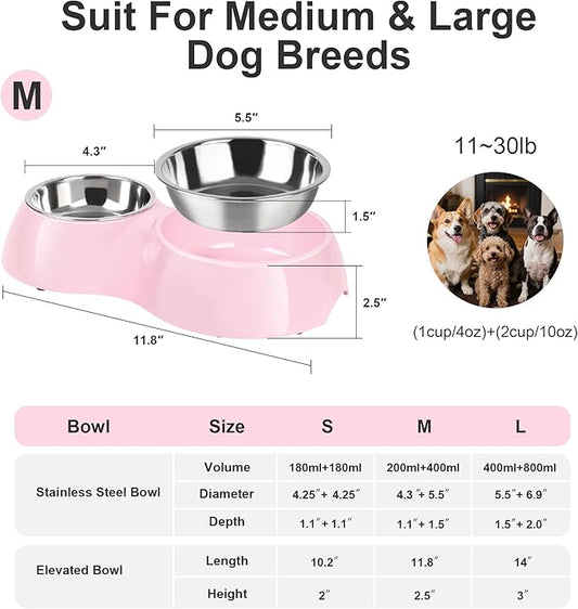 Double Dog Bowls Set – Non-Slip Pet Food & Water Dishes with Resin Stand, Includes Small (1 Cup) & Medium (2 Cups) Bowls – Ideal for Puppies and Cats– Pink