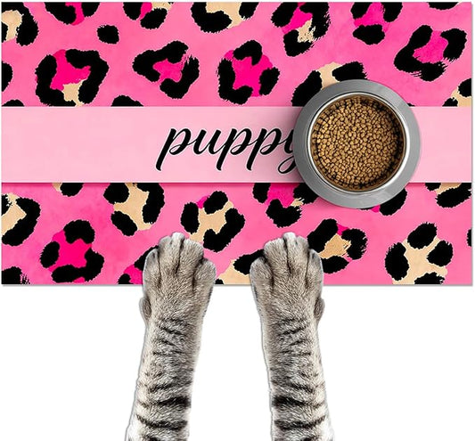 Puppy Feeding Mat 24x16 inch Hot Pink Leopard Print Pet Bowl Placemat Non Slip Floor Mat for Food and Water Indoor Dog Feeding Station Cute Meal Pad for Small Pets Kitchen Use