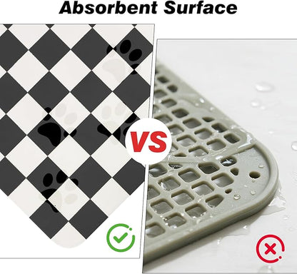 Checkered Dog Food Mat, Absorbent Leak-Proof Pet Feeding Mat, Quick Dry Cat Food Mat for Messy Drinkers 16" x 24" Black