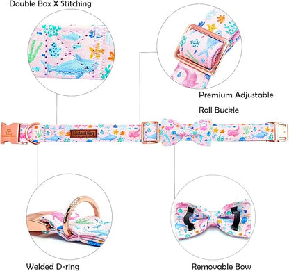 Lionheart glory Dog Bow Collar Sea Animals Print Pink Dog Collar for Small Dogs,Female Male Dog Collars with Bowtie Spring Summer Collars Soft Adjustable Pet Collar Bows