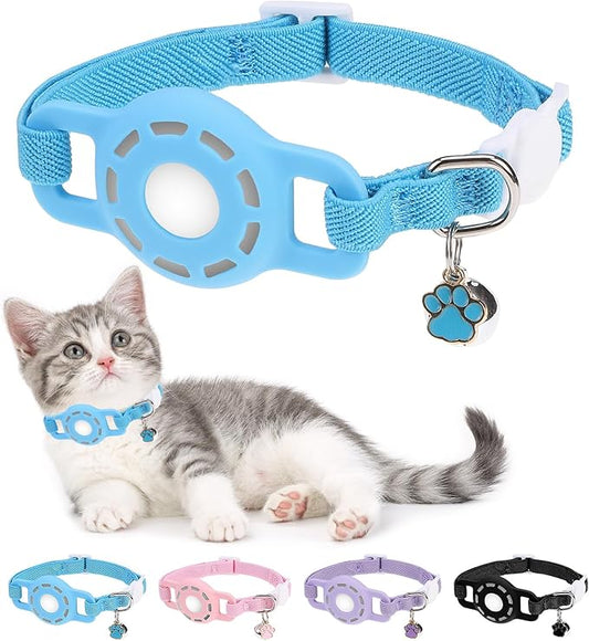 Airtag Cat Collar Breakaway, Stretchy Cat Tracker Collar with Apple Air Tag Holder for Boy Girl Cats, Elastic GPS Tracking Collars for Kittens and Puppies, Adjustable 9"-12" Blue