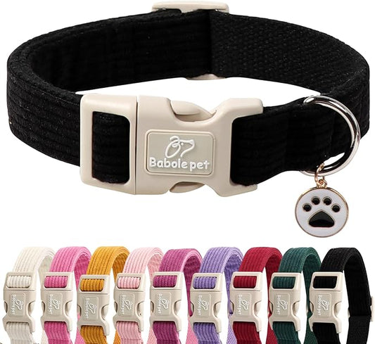 Cute Corduroy Dog Collar - Black Adjustable Dog Collars for Medium Dogs 25-50lbs, Fade-Proof with Secure Snap & Little Charm, Christmas Birthday Gift, M