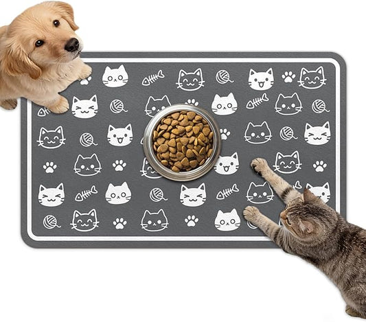 Dog Food Mat for Bowls, Absorbent Quick Dry Dog Cat Mats for Food and Water, Non-Slip Backing Pet Mat Pet Supplies - Cute Cat Pattern