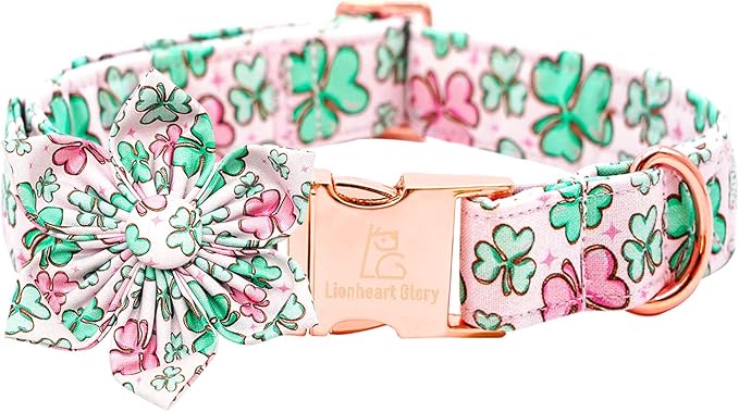 Lionheart glory St. Patrick's Day Dog Collar with Flower Dog Collar for Large Dogs, Green Collars Lucky Clover Shamrock Dog Collar Flower Pet Collar Bows Heavy Duty