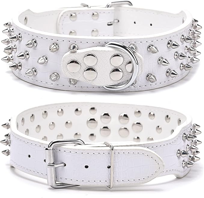 Serijoars Spiked Studded Dog Collar, PU Leather Dog Collar, Adjustable Pet Collars for Medium or Large Breed Pet (XL, White1)