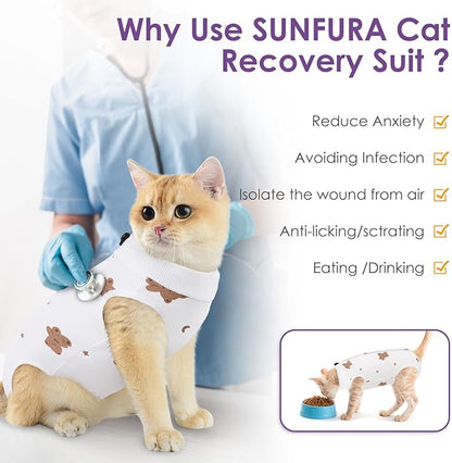 SUNFURA Cat Recovery Suit, Kitten Surgical Full Bodysuit for Abdominal Wound Protector Anti Licking After Surgery, Professional Bandages Cone E-Collar Alternative for Small Male & Female Pets