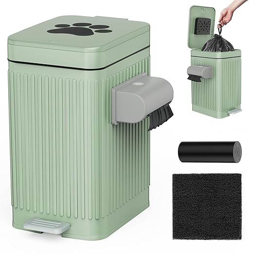 Dog Poop Trash Can for Outside & Indoor, 5L/1.3Gal Small Pet Waste Bin with Odor Control Carbon Filter, 2-Way Open (Step & Press Top), Dog Waste Container with Trash Bag Holder, Green