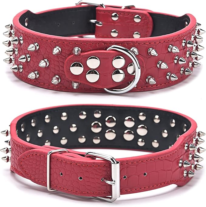 Serijoars Spiked Studded Dog Collar, PU Leather Dog Collar, Adjustable Pet Collars for Medium or Large Breed Pet (L, Red1)