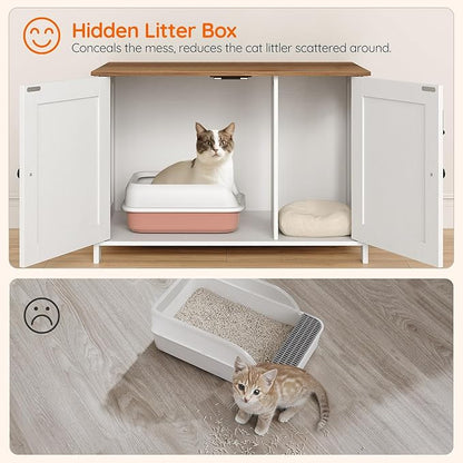 HOOBRO Litter Box Enclosure, Cat Litter Box Furniture with Removable Divider, Hidden Litter Box Furniture, Wooden Cat House, End Side Table, 31" L x 17.5" W x 19.7" H, White and Walnut WH03MW01G2