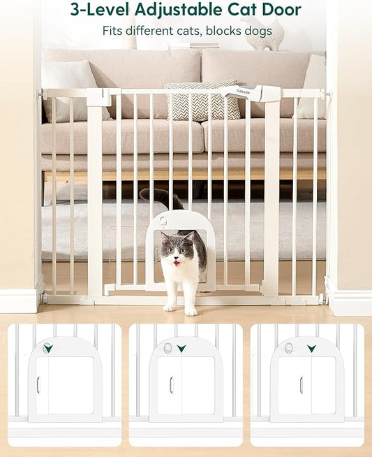 Babelio 29-48" Extra Wide Baby Gate with Adjustable Cat Door,Easy Install Pressure/Hardware Mounted,Auto Close Pet door for Stairs,House,Doorways,Effortless Walk Thru,White