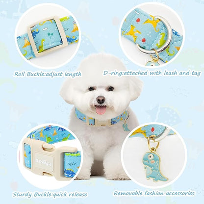 Dinosaur Dog Collar for Extra Small Dogs, Cute Puppy Collars with Quick Release Buckle, Cotton Dog Collars for Small Medium Large Dogs, Fashion Pet Collar for Girl Boy Dog-XS