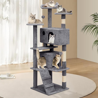 Athena Collection Cat Tree, 62 Inch Cat Tree Tower for Indoor Cats, Multi-Level Cat Tower House Activity Center with 2 Cat Condo & Scratching Post & Dangling Ball, Tall Cat Climbing Tower, Darkgray