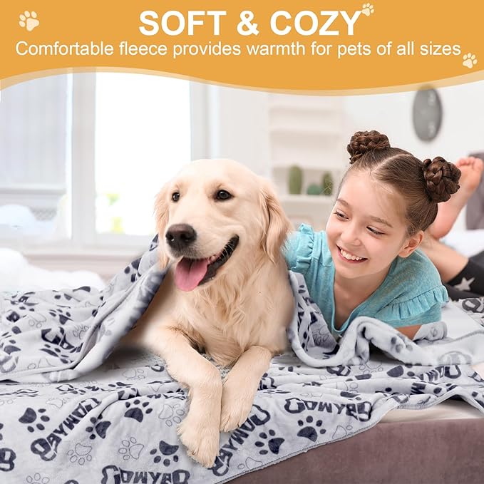 Large Dog Blanket, Soft Fleece Dog Blankets for Medium Dogs, 60X50 inches Fluffy Flannel Pet Cat Puppy Blanket Mat Cover for Bed Couch,Cute Flannel Bones and paw Print, Grey