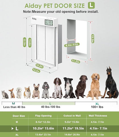 Automatic Dog Door for Wall with Sensor Collars, Large Smart Pet Door for Wall, Custom Scheduling & Anti-Pinch, Fits Large Dogs up to 100 lbs（L）