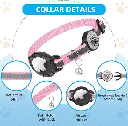 Airtag Cat Collar Breakaway with QR Code Name Tag, Reflective cat Collar airtag Holder with Bell, Cat ID Tag Personalized, Ultra-Durable, Adjustable, Quick Release, Fits Small Large Cats, Pink
