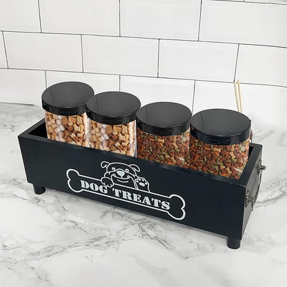 Large Dog Treats Container, Dog Cookie Jar for Dogs Cat Treats Container, Farmhouse Wood Pet Treats Storage Organizer for Dog Food Storage Container with 4 Jars, Cat Dog Treat Organizer