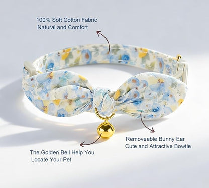 Bunny Ear Bowtie Cat Collar with Bell 2 Pack Cotton Breakaway Kitten Collars with Removeable Bow Stylish Cat Collars(Floral Blue)