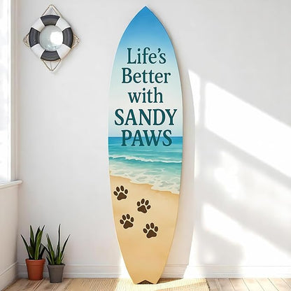 JennyGems Outdoor Decorative Surfboard Wall Art, Pet Wall Decor for Porch, Pool, Fence, PVC Beach House Decoration, Life's Better Sandy Paws, 3 foot