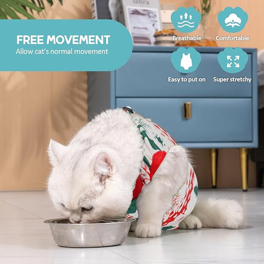 Avont Cat Recovery Suit - Kitten Onesie for Cats After Surgery, Cone of Shame Alternative Surgical Spay Suit for Female Cat, Post-Surgery or Skin Diseases Protection -Christmas(S)